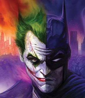 Visage partagé entre le Joker et Batman, symbole des multiples facettes